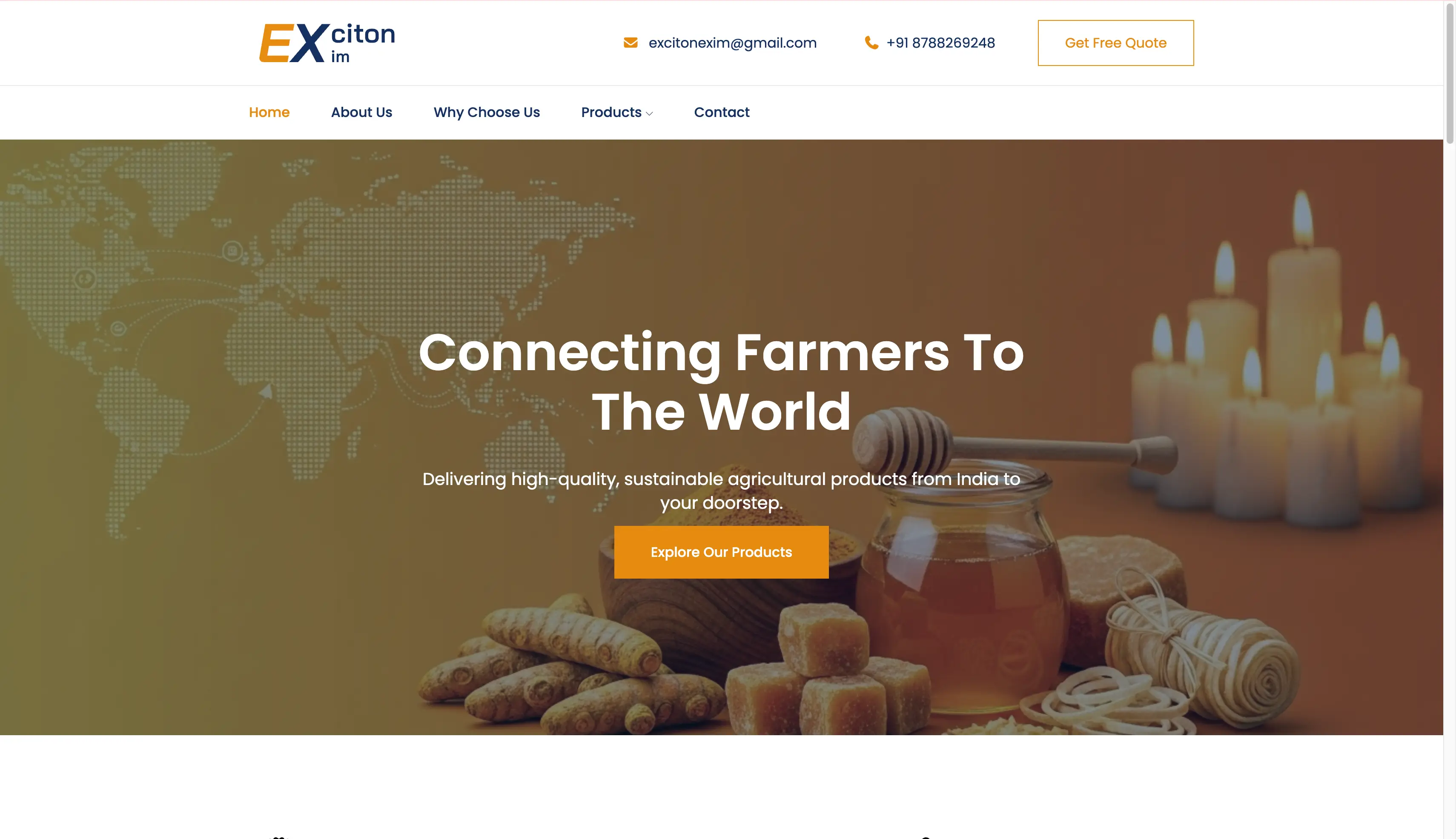 The web platform developed for Exciton Exim, connecting Indian farmers with global agricultural markets.