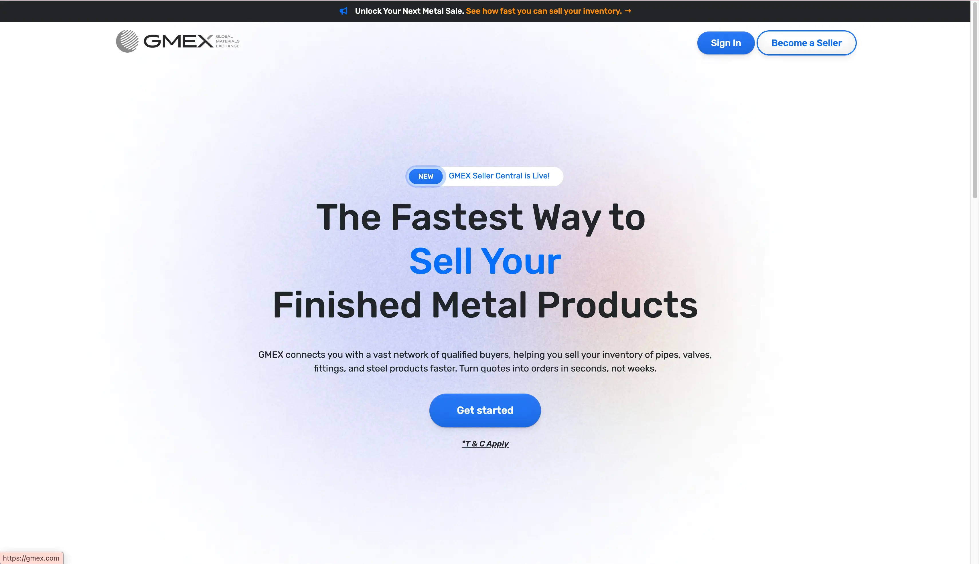 Dashboard UI for GMEX Seller Central, a B2B platform for selling metal products
