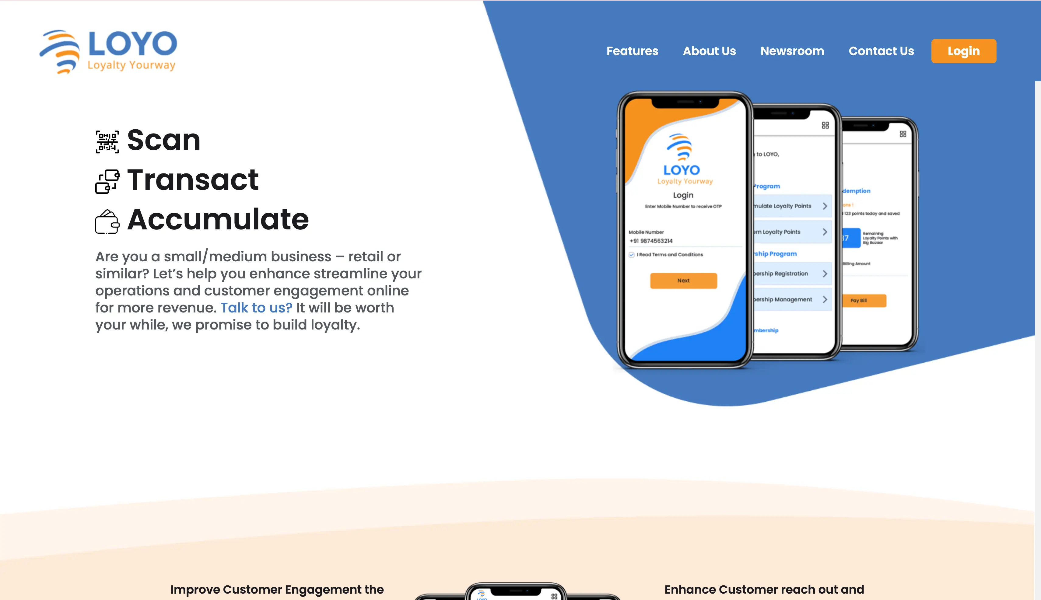 The landing page for the LOYO Loyalty Platform, showing the mobile app interface for customer engagement.