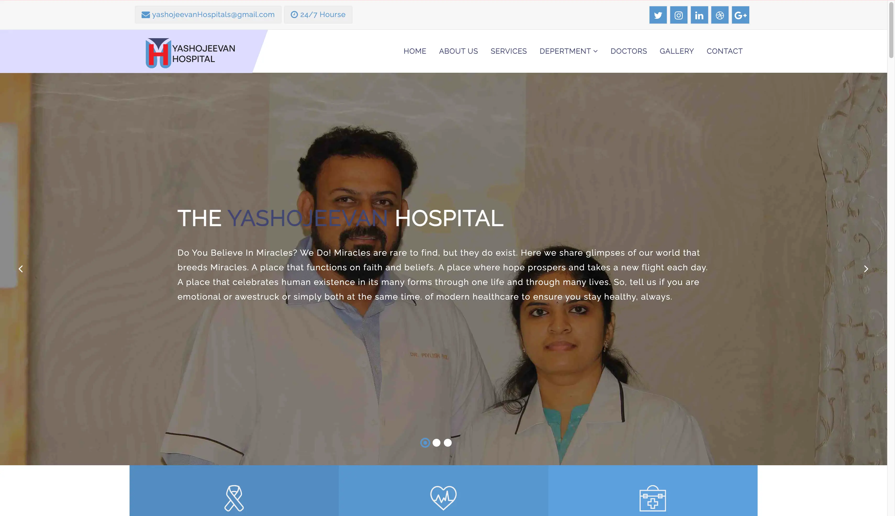 The user interface for the Yashojeevan Hospital website, designed to help patients find information and book appointments.